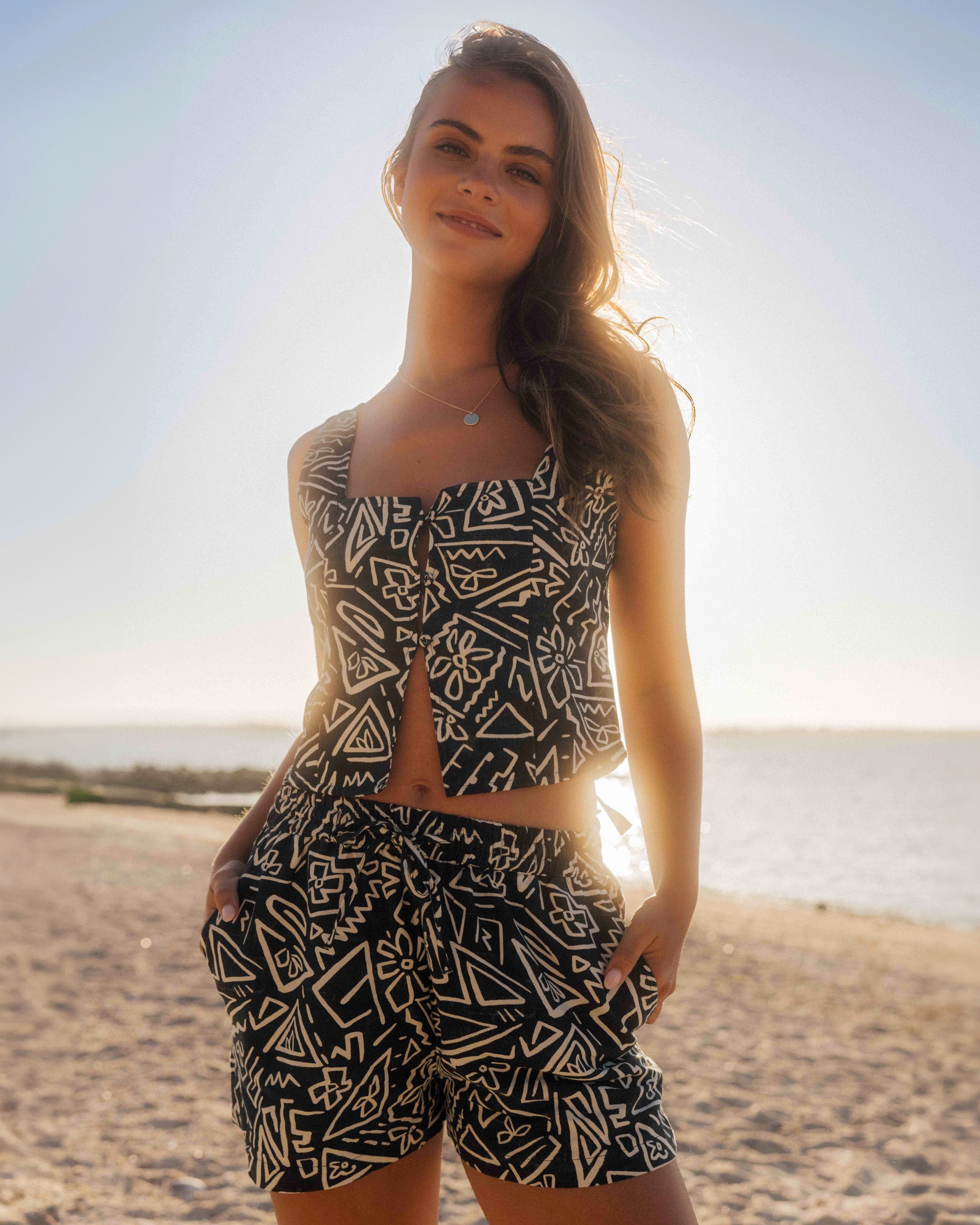 Womens Sunflower Elastic Waist Shorts