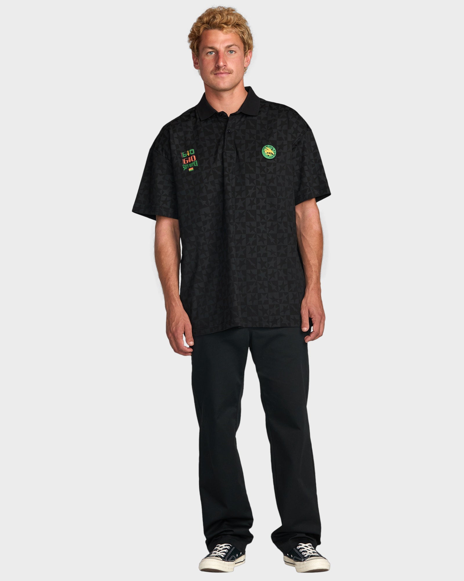 Mens Black Star Surf Short Sleeve Polo Shirt