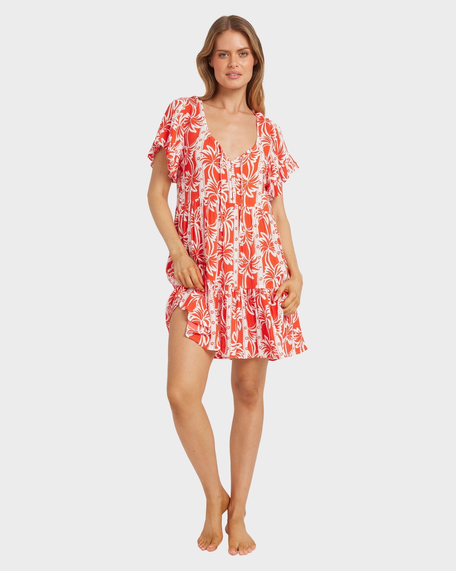 Womens Row Of Palms Tiered Mini Dress