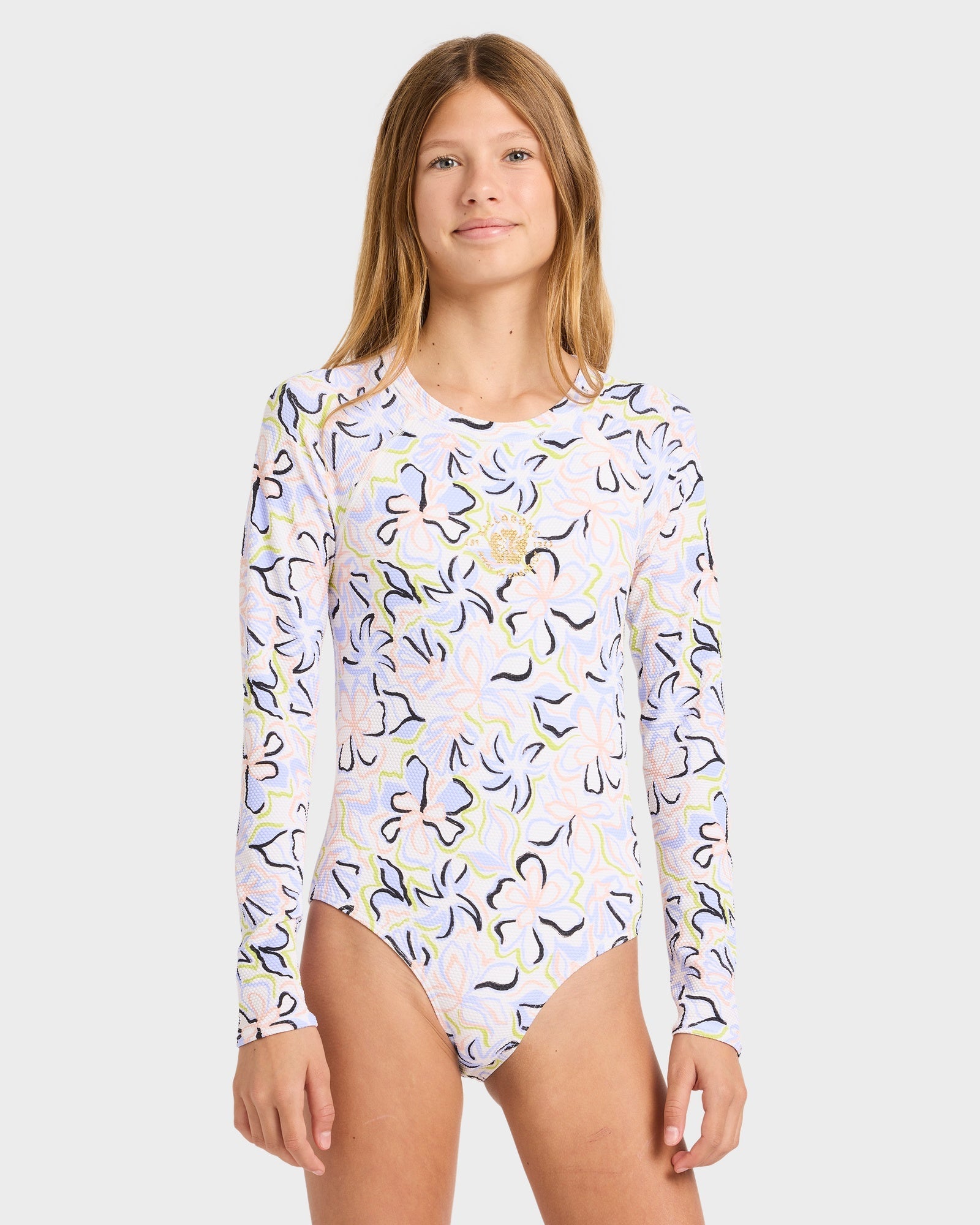 Girls 6-16 Sea Of Love Long Sleeve Bodysuit Rash Vest