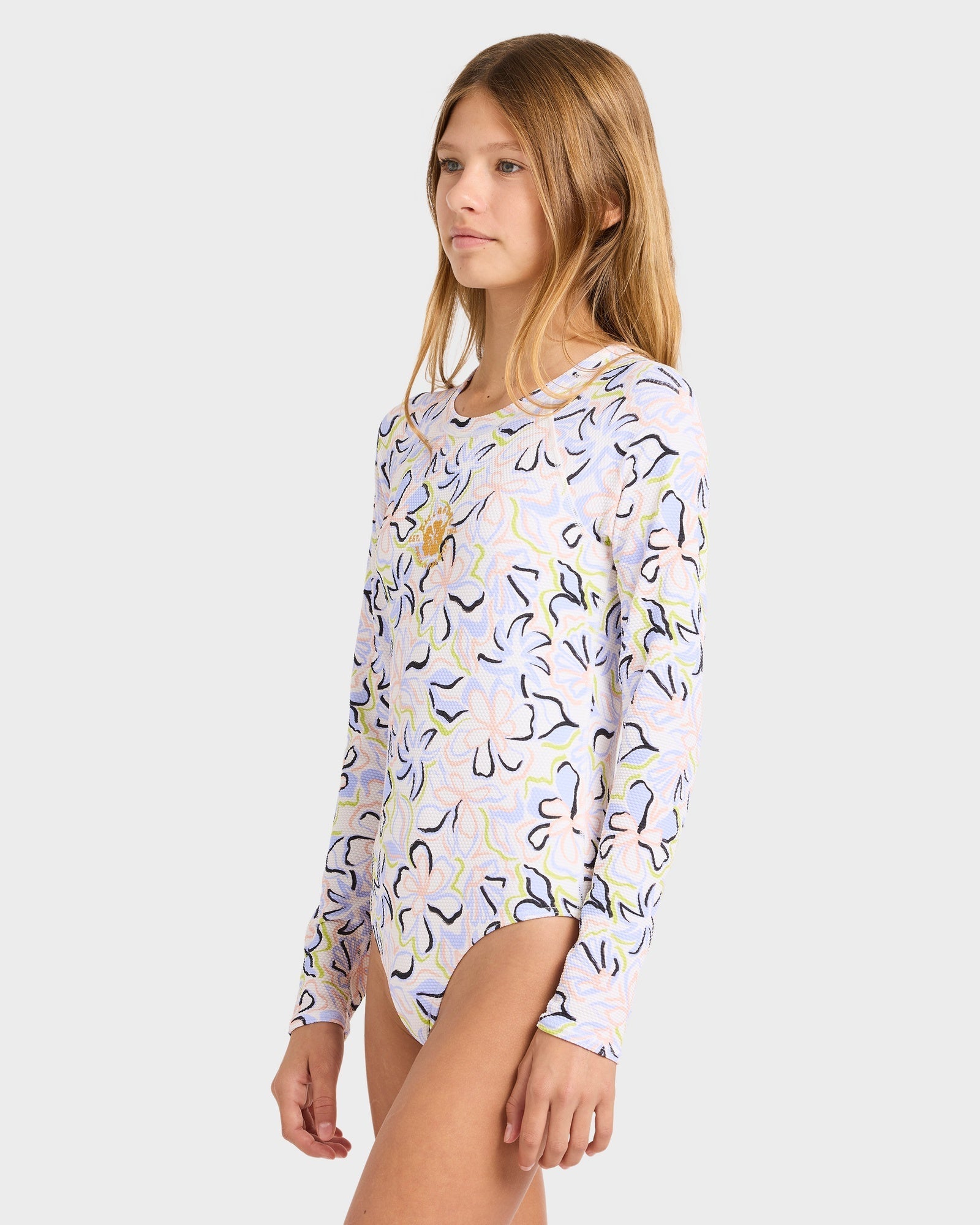 Girls 6-16 Sea Of Love Long Sleeve Bodysuit Rash Vest