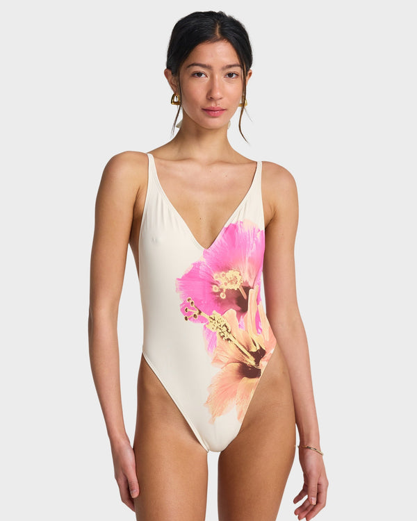 Womens Sunny Shore Deep V-neck One Piece Swimsuit