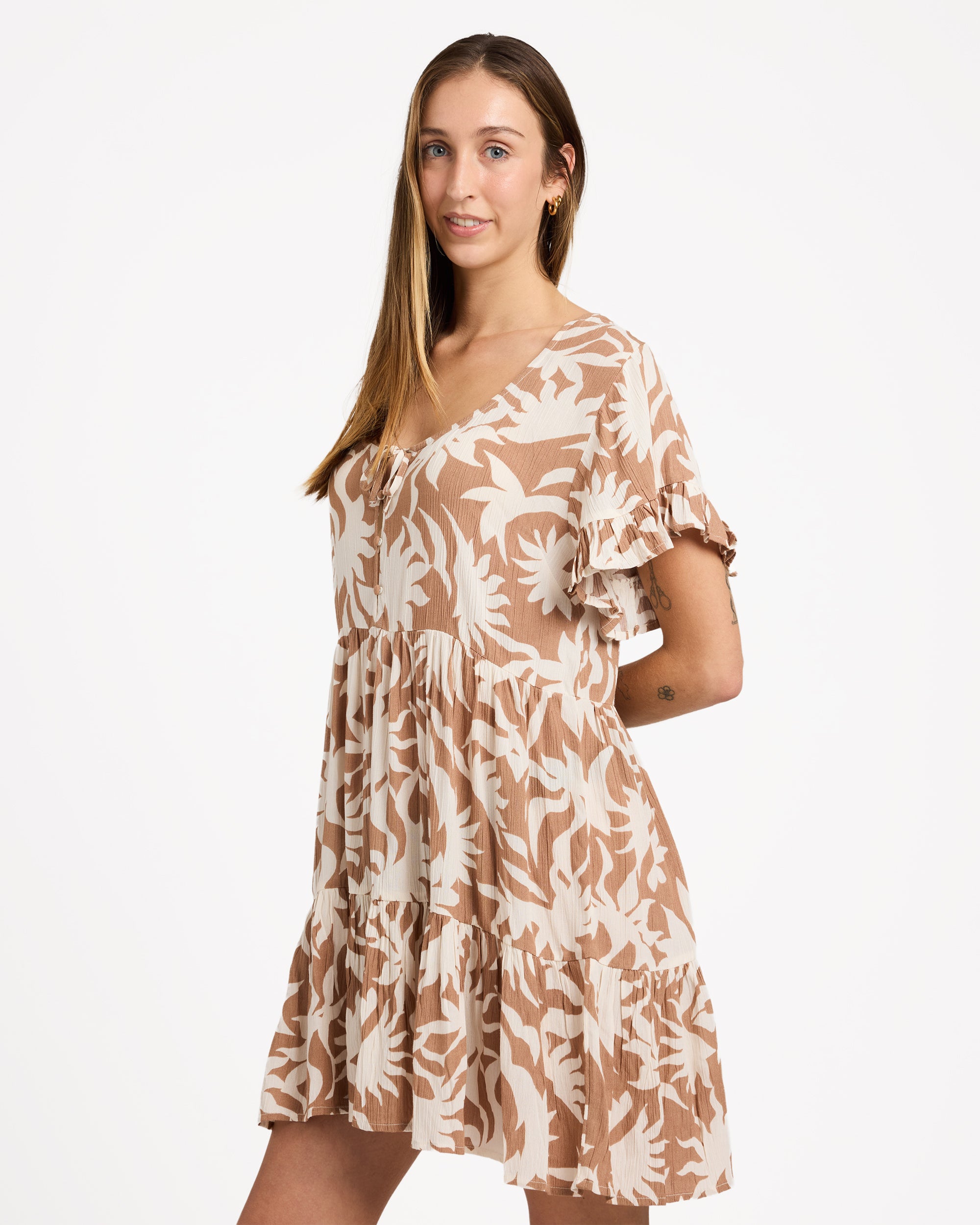 Womens Off Tropic Tier Mini Dress