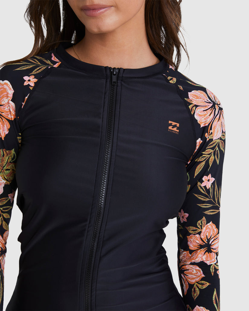 Womens Hooked On Tropics Long Sleeve Zip Rash Vest - BLACK PEBBLE ...